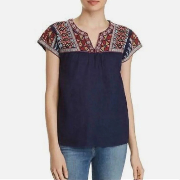 Johnny Was Ezra Embroidered Yoke Navy Linen Blouse Top Navy Small - Picture 1 of 7